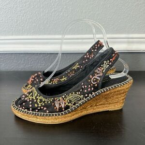 Vtg Y2k Eric Michael Black Boho Floral Embroidered Espadrille Wedge Heels- 40